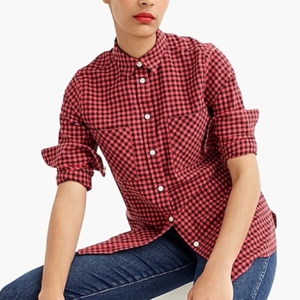 J.CREW Classic-Fit Boy Shirt Mini Buffalo Check Plaid Red Black Gingham Top 4